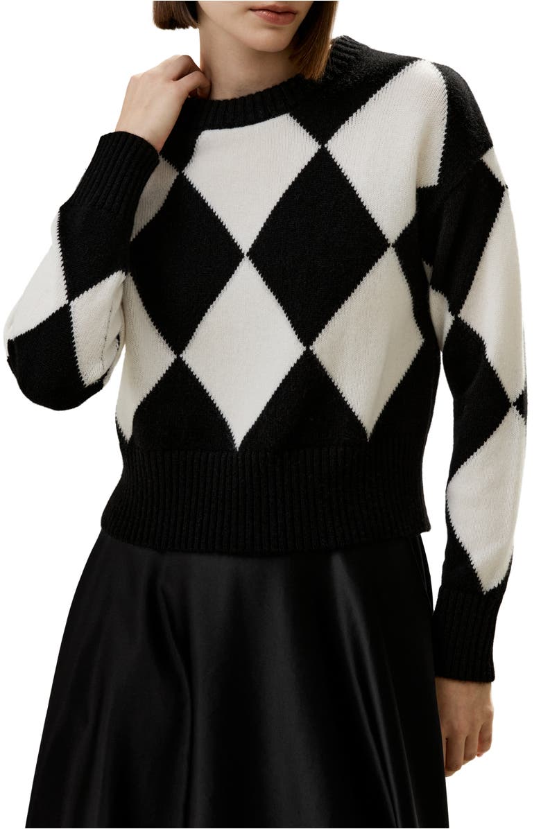 Lilysilk Women's Round Neck Diamond Pattern Cashmere Sweater, Main, color, Black