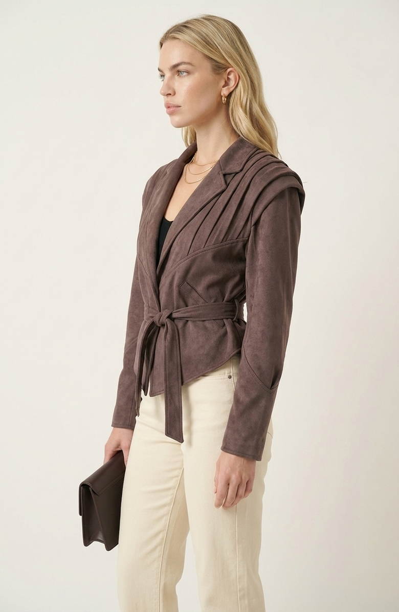 Modenaire Structured Belted Pleated Shoulder Jacket, Alternate, color, Brown