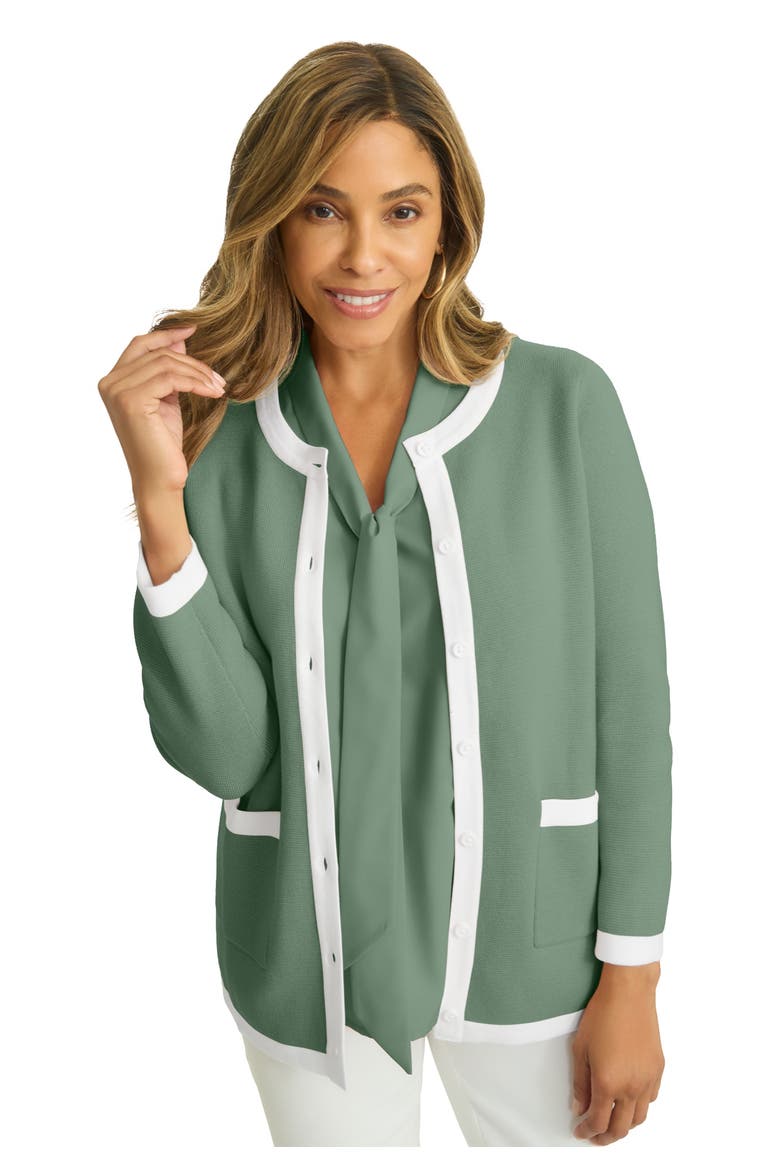 Tipped Boxy Cardigan, Main, color, OLIVE DRAB WHITE