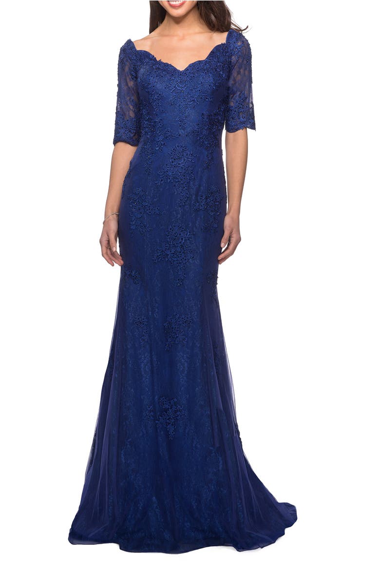 Floor Length Lace Dress with Rhinestone Accents, Main, color, Marine Blue