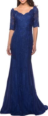 La Femme Floor Length Lace Dress with Rhinestone Accents