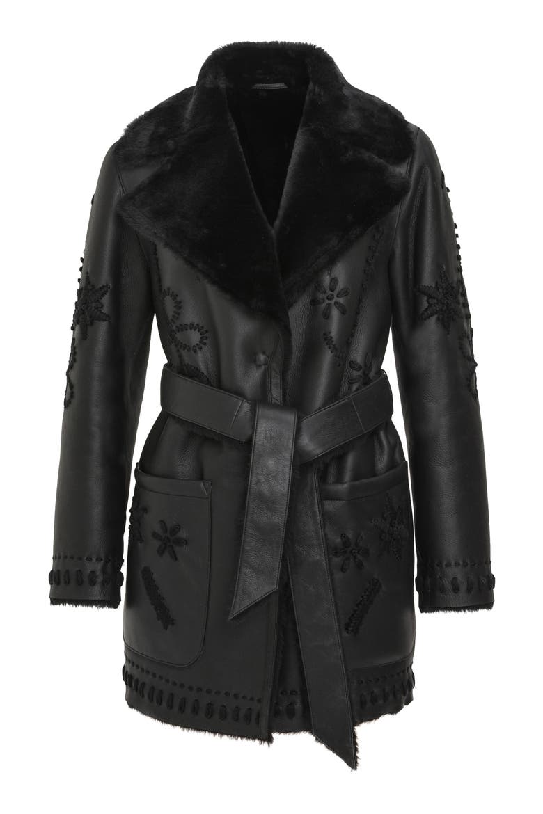 Genuine Shearling Short Jacket with Embroidery, Belt, Alternate, color, BLACK/BLACK