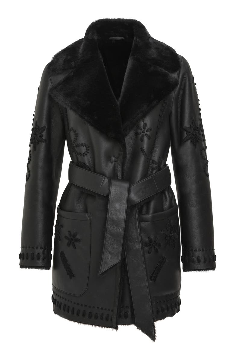 GORSKI Genuine Shearling Short Jacket with Embroidery, Belt, Alternate, color, Black/Black