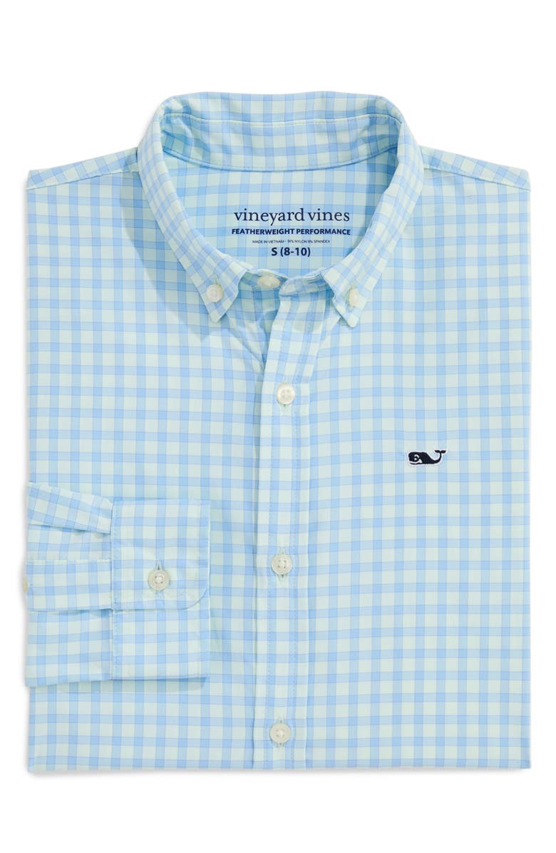 vineyard vines Kids' Lemon Shark Featherweight Performance Button Down Shirt, Alternate, color, Aqua Glass