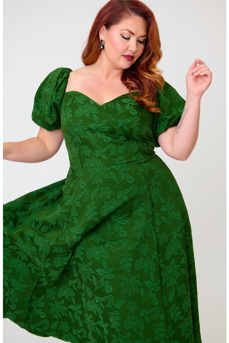 Plus Size Jacquard Sweetheart Swing Dress, Alternate, color, Green Floral Print