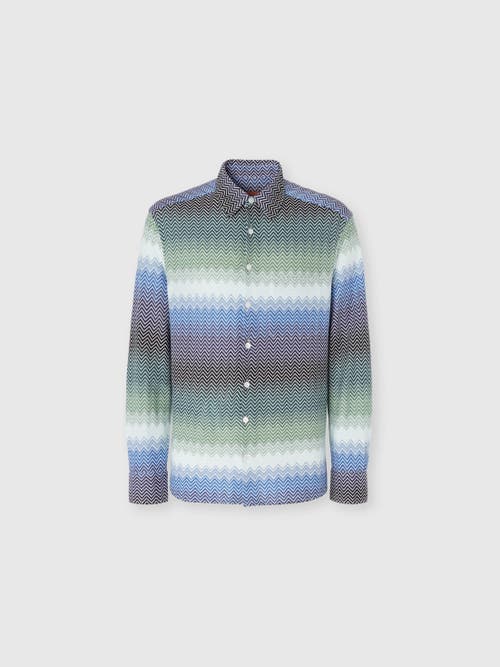 Missoni Gradient Zig Zag Cotton Knit Shirt With Breast Pocket In Blue & Green