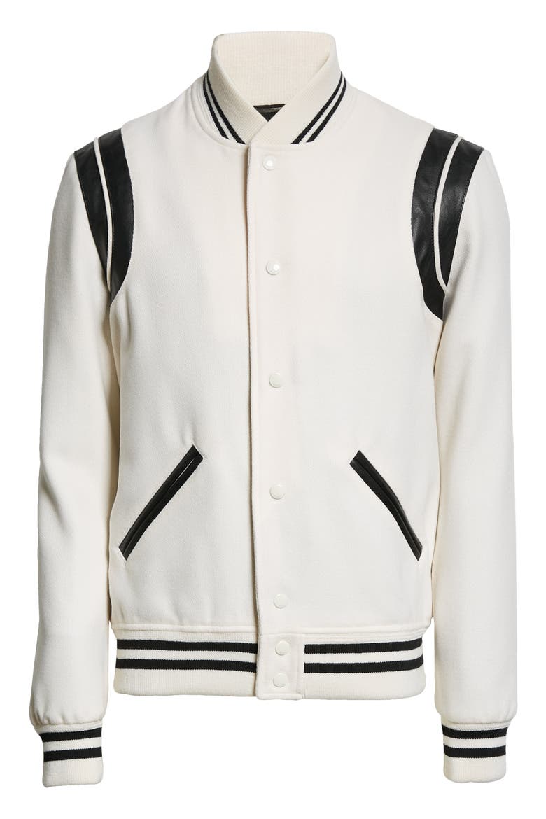 Teddy Stretch Wool Varsity Jacket, Alternate, color, NATURAL