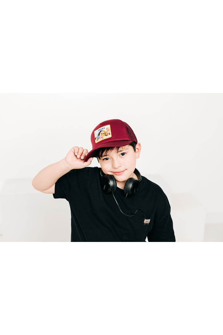 Texas Postcard Trucker Hat - Kids, Alternate, color, Burgundy