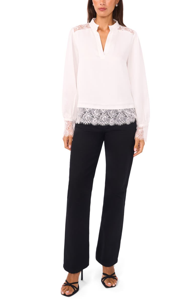 Vince Camuto Ruffle & Lace Trim Hammered Satin Top, Alternate, color, New Ivory