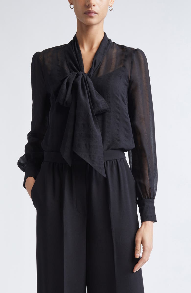 ST. JOHN Shadow Stripe Crinkle Georgette Shirt, Main, color, Black