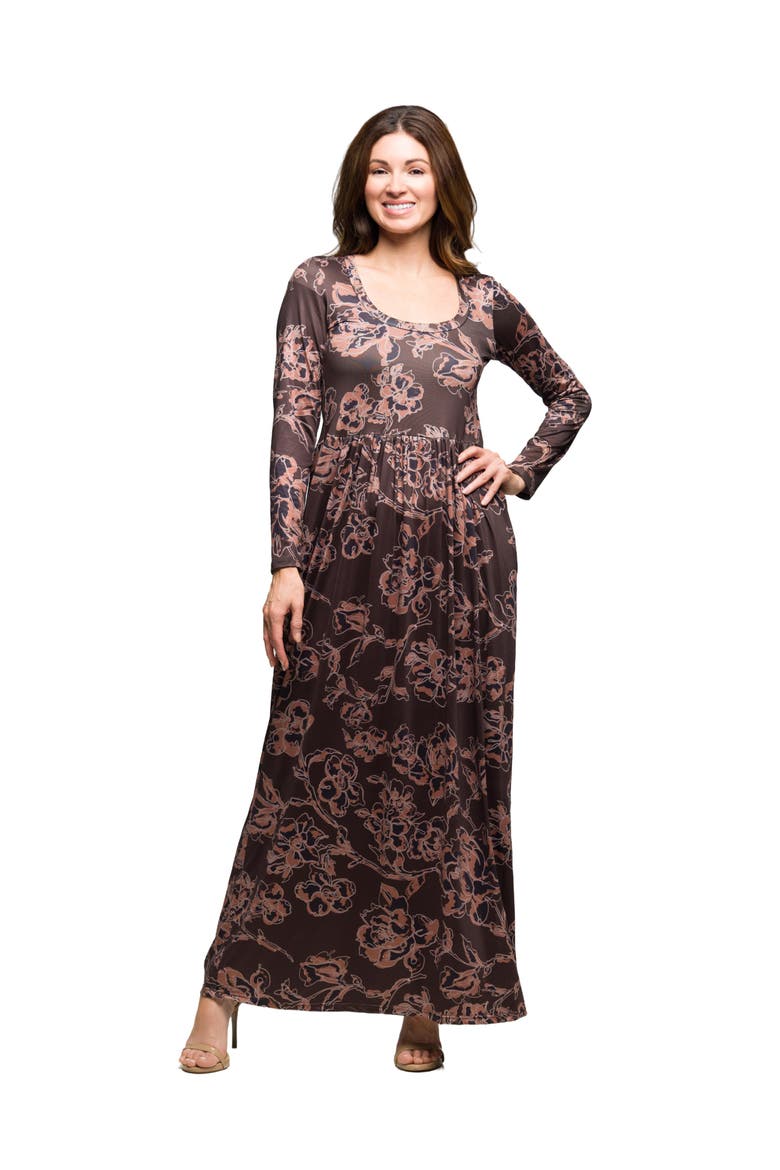 Floral Long Sleeve Scoop Neck Maxi Dress, Main, color, Brown Multi