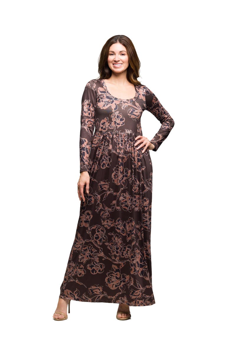 24seven Comfort Apparel Floral Long Sleeve Scoop Neck Maxi Dress, Main, color, Brown Multi