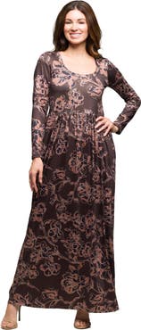 24seven Comfort Apparel Floral Long Sleeve Scoop Neck Maxi Dress