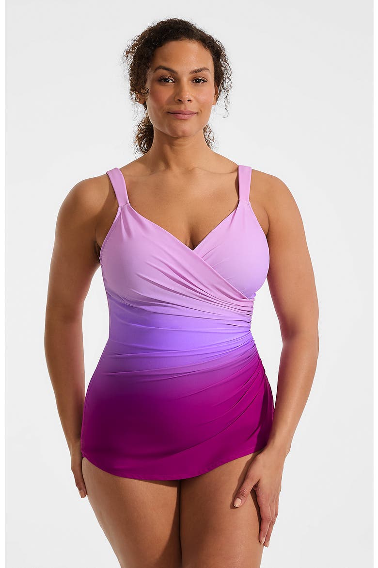 SlenderSuit V-Neck Skirted Low Leg One Piece, Main, color, Crimson Rose/Purple Ombre