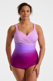 Lands' End Plus Size SlenderSuit V-Neck Skirted Low Leg One Piece