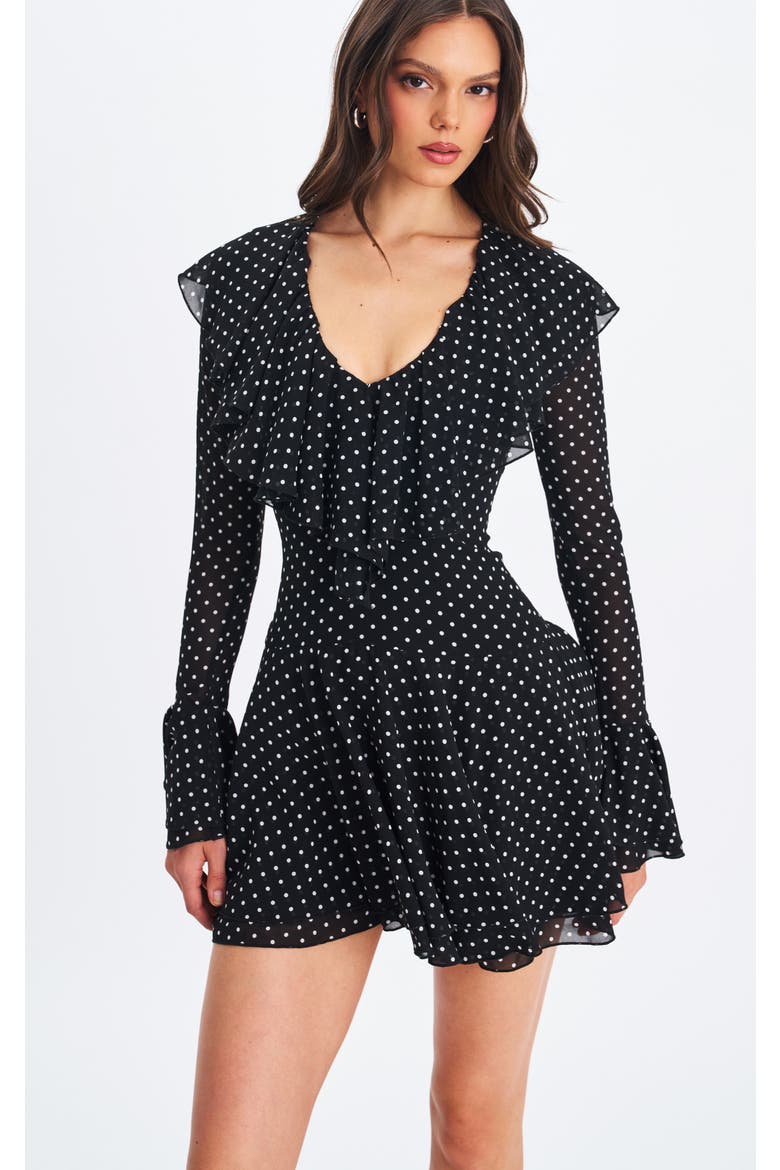 Omari Chiffon Polka Dot Ruffled Neckline Mini Dress, Main, color, Black Polka Dot