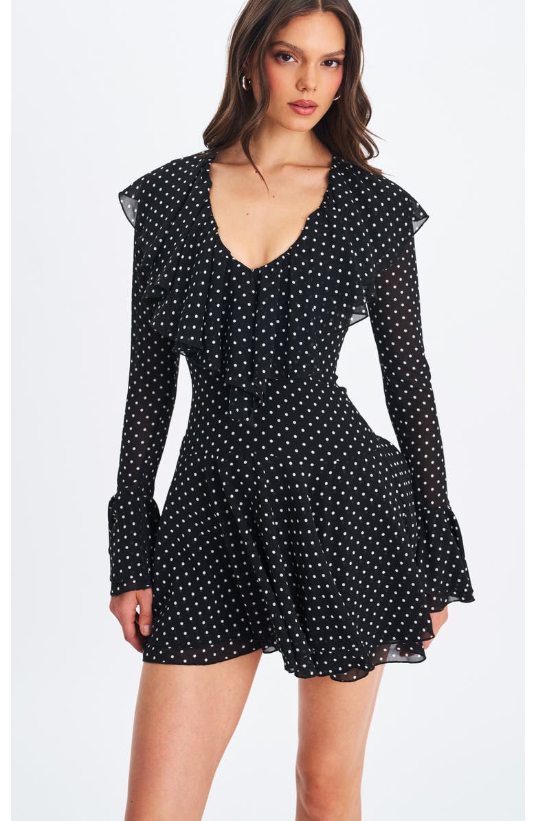Miss Circle Omari Chiffon Polka Dot Ruffled Neckline Mini Dress, Main, color, Black Polka Dot