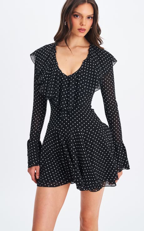 Omari Chiffon Polka Dot Ruffled Neckline Mini Dress