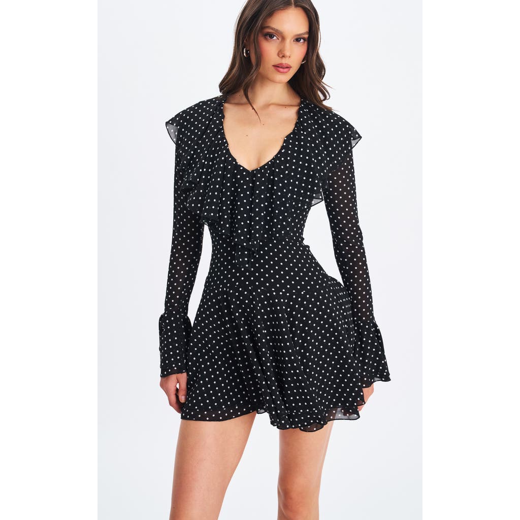 Miss Circle Omari Chiffon Polka Dot Ruffled Neckline Mini Dress In Black