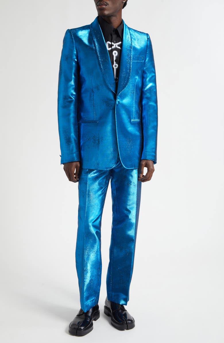 MM6 Maison Margiela Distressed Metallic Jacquard Straight Leg Trousers, Alternate, color, Blue