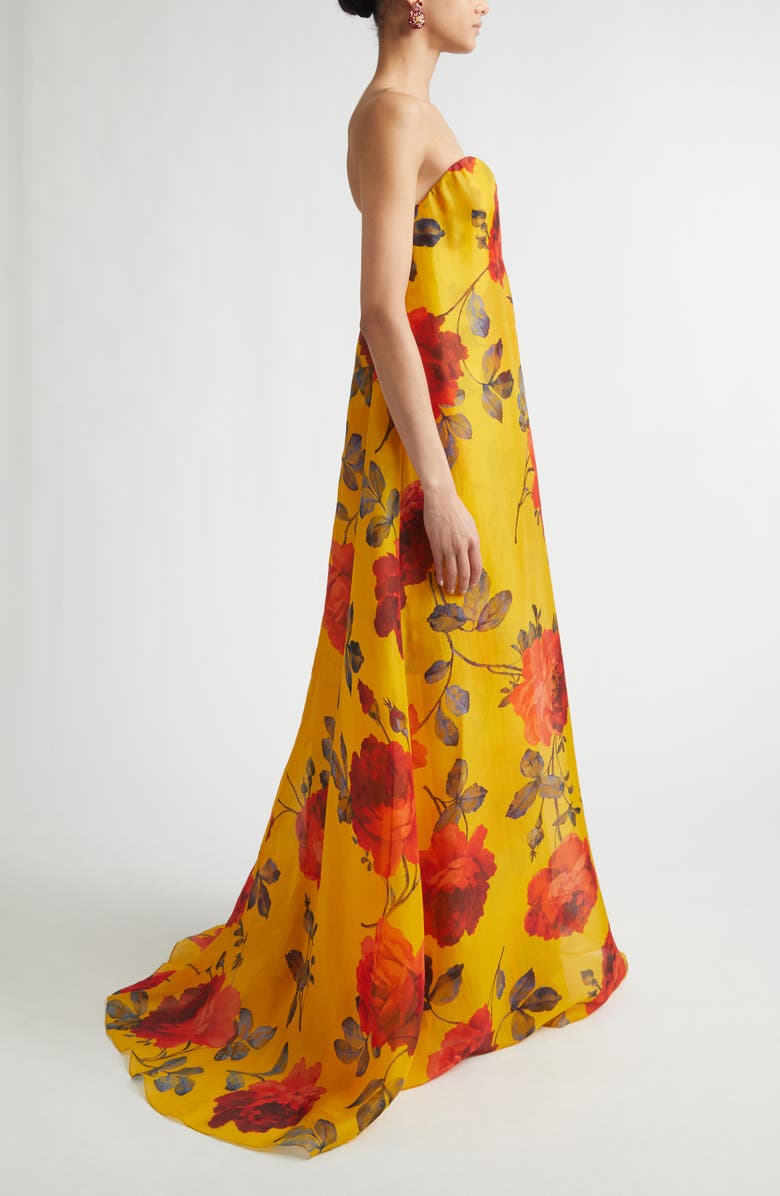 Carolina Herrera Rose Print Strapless Silk Organza Gown, Alternate, color, Saffron Multi