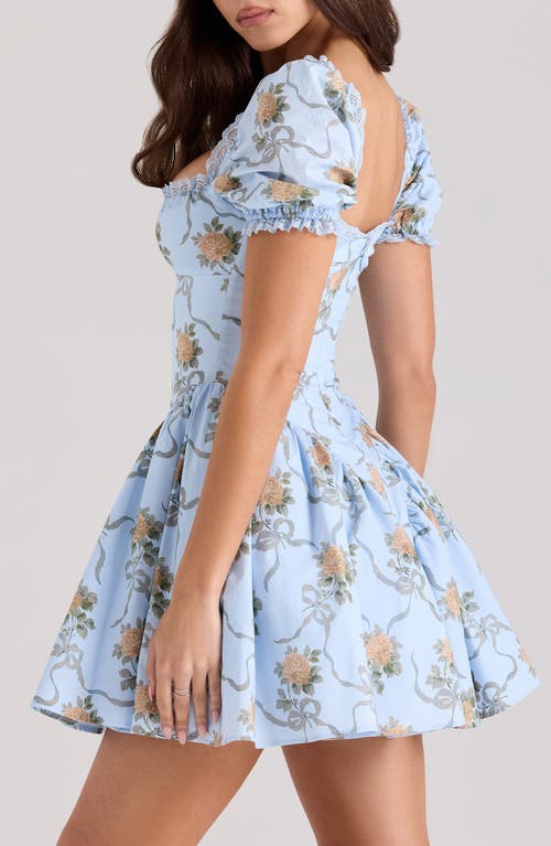 House Of Cb Rosie Puff Sleeve Stretch Cotton Mini Sundress In Yellow Rose Blue