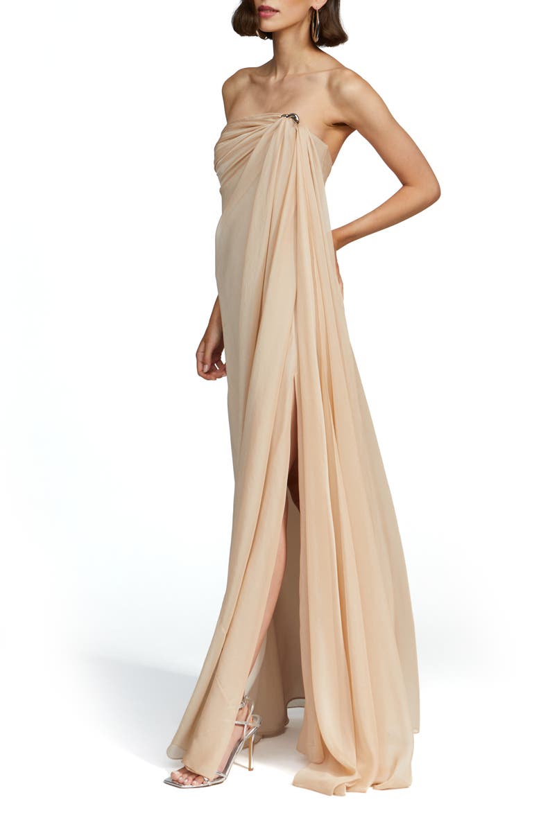 HALSTON Oyster Strapless Chiffon Gown, Alternate, color, Oyster