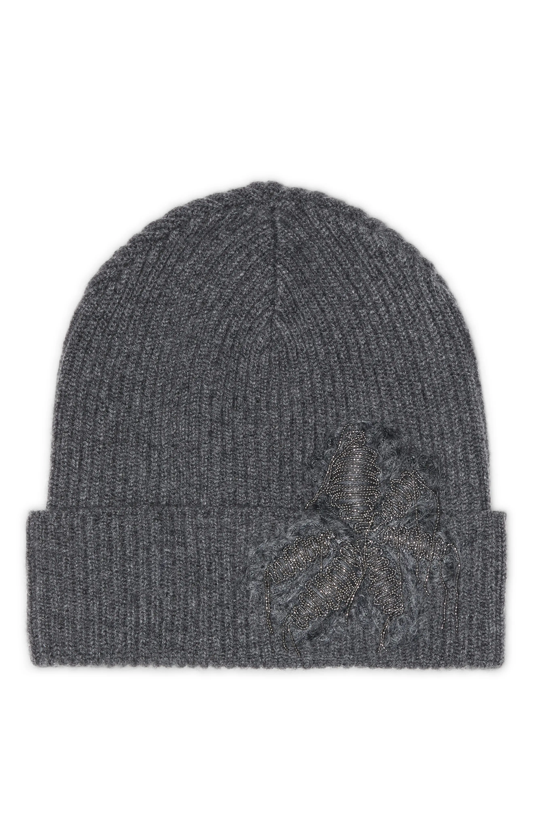 Brunello Cucinelli Cashmere rib knit beanie with precious flower crest, Main, color, 