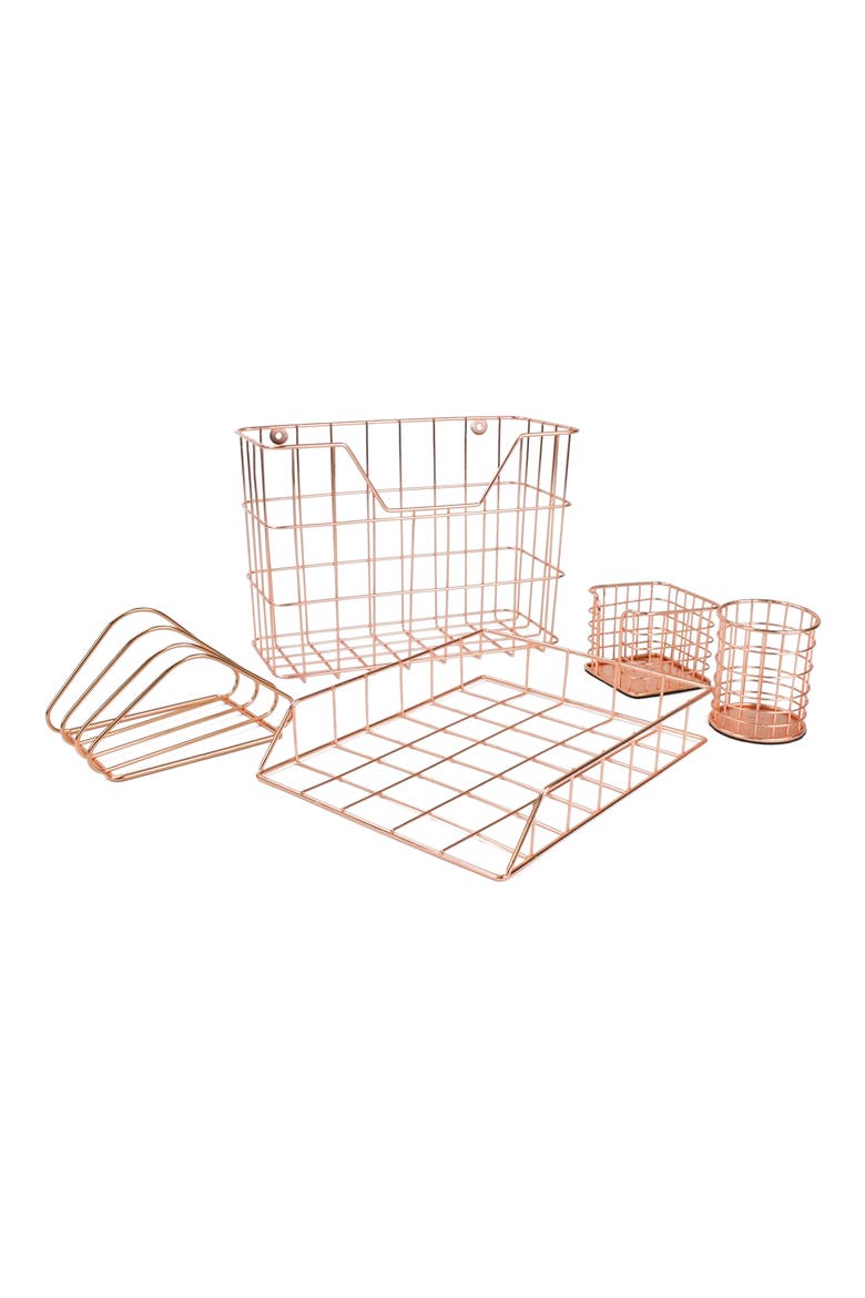 Copper Wire Metal Desk Organizer 5-Piece Set, Main, color, COPPER