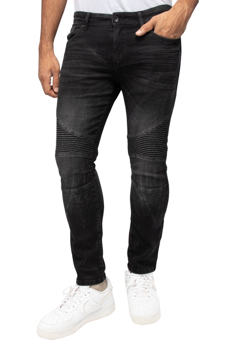 Raw X Distressed Moto Slim Jeans, Alternate, color, BLACK WASH