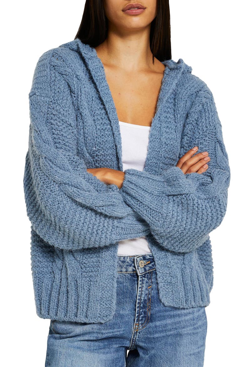 Hooded Cable Knit Cardigan, Main, color, LIGHT BLUE