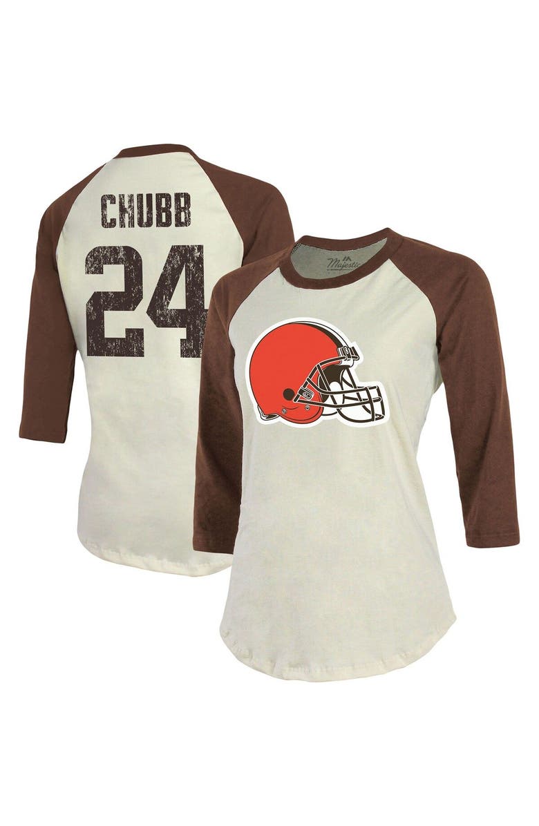Majestic Threads Women's Majestic Threads Nick Chubb Cream/Brown Cleveland Browns Player Raglan Name & Number Fitted 3/4-Sleeve T-Shirt, Main, color, 