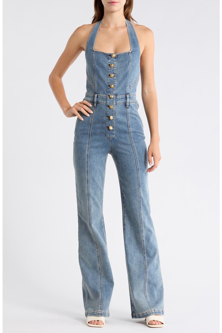 Pennie Halter Neck Bustier Denim Jumpsuit, Main, color, ALBERTINE BLUE