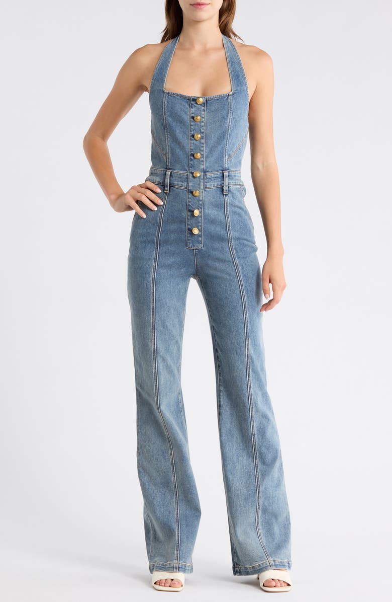 Alice + Olivia Pennie Halter Neck Bustier Denim Jumpsuit, Main, color, 
