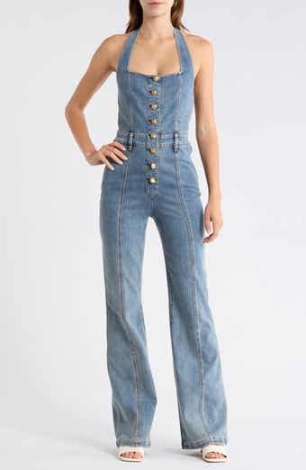 Alice + Olivia Pennie Halter Neck Bustier Denim Jumpsuit