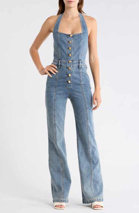 Alice + Olivia Pennie Halter Neck Bustier Denim Jumpsuit