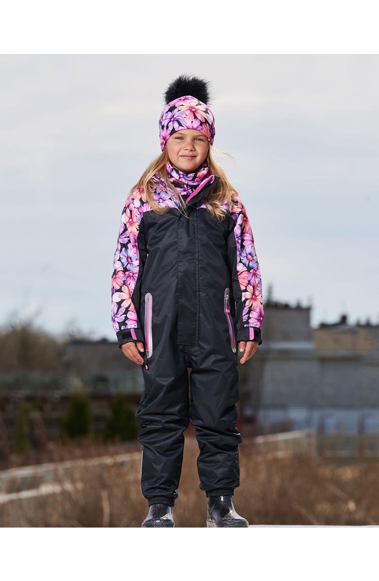Deux par Deux Girl's Mid-Season One-Piece Outerwear Black With Pink And Orange Flowers, Alternate, color, 