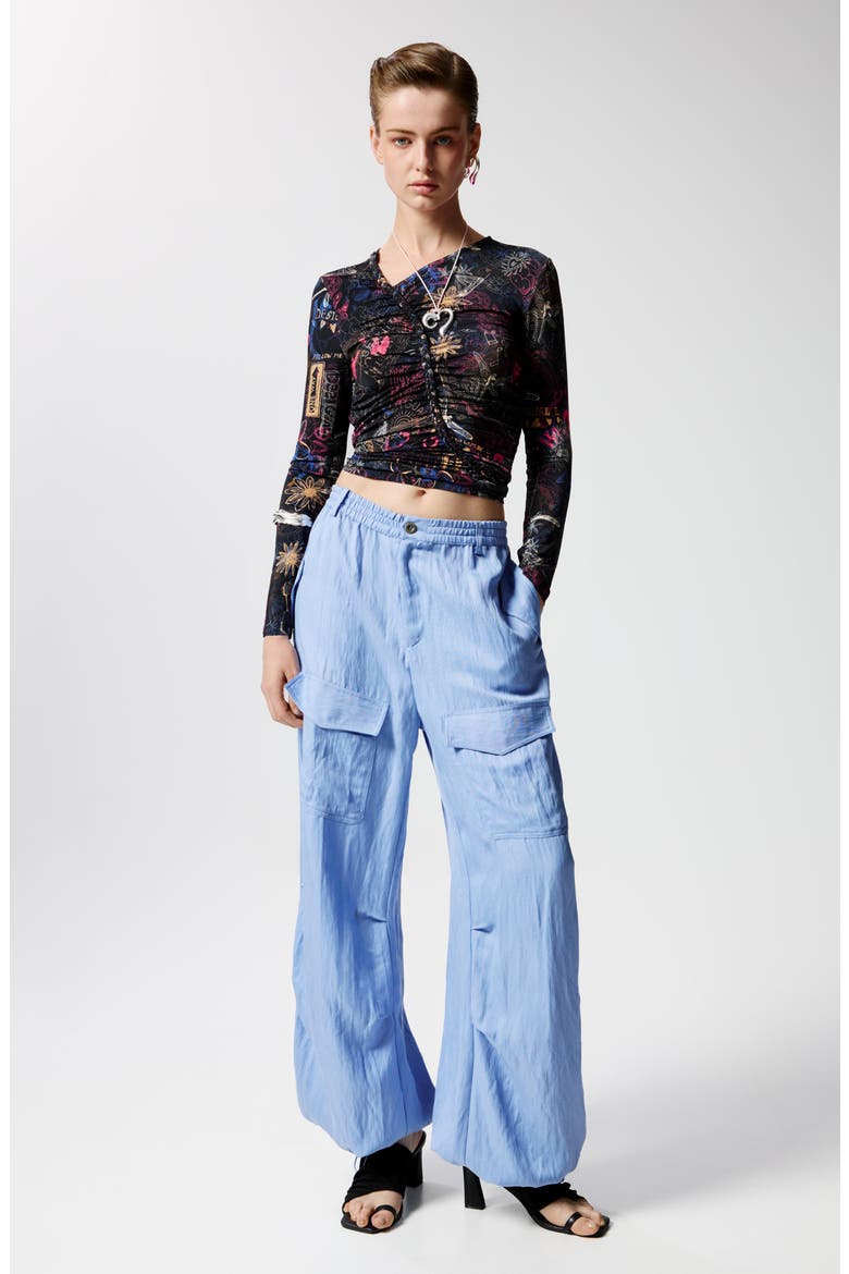 Doodle Print Asymmetric Ruched Crop Top, Alternate, color, BLACK