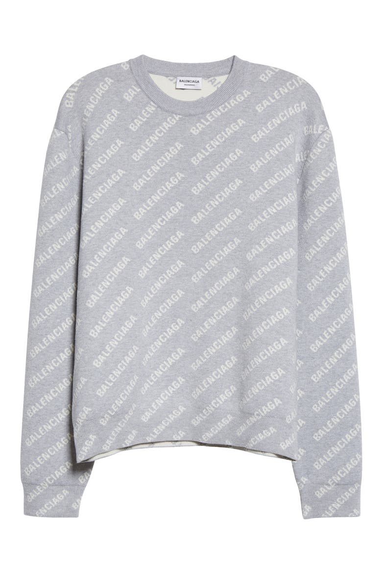 Women's Logo Jacquard Crop Crewneck Cotton & Wool Blend Sweater, Alternate, color, GREY/ BLACK