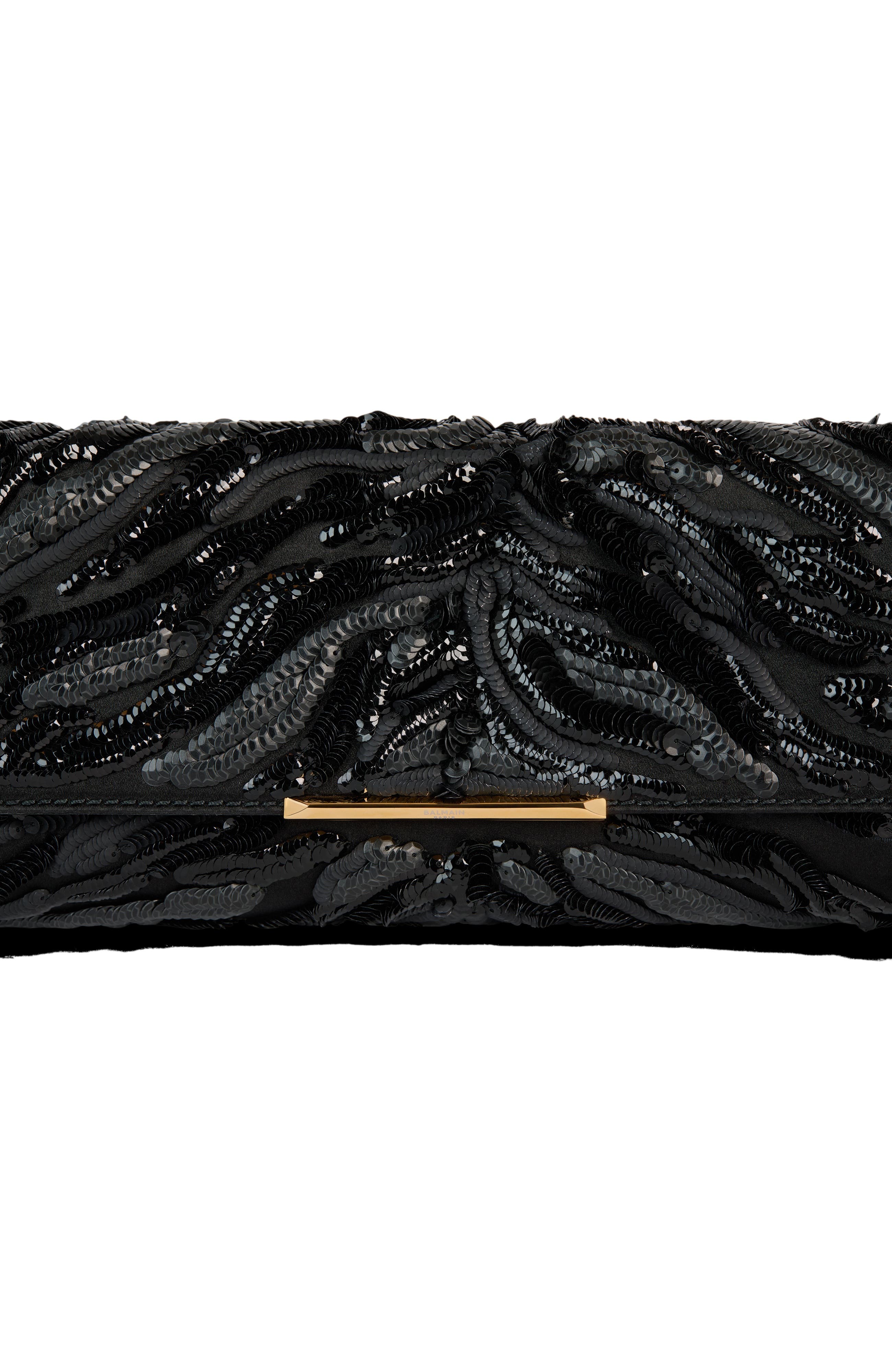 Long Clutch Bag in Embroidered Satin, Alternate, color, black