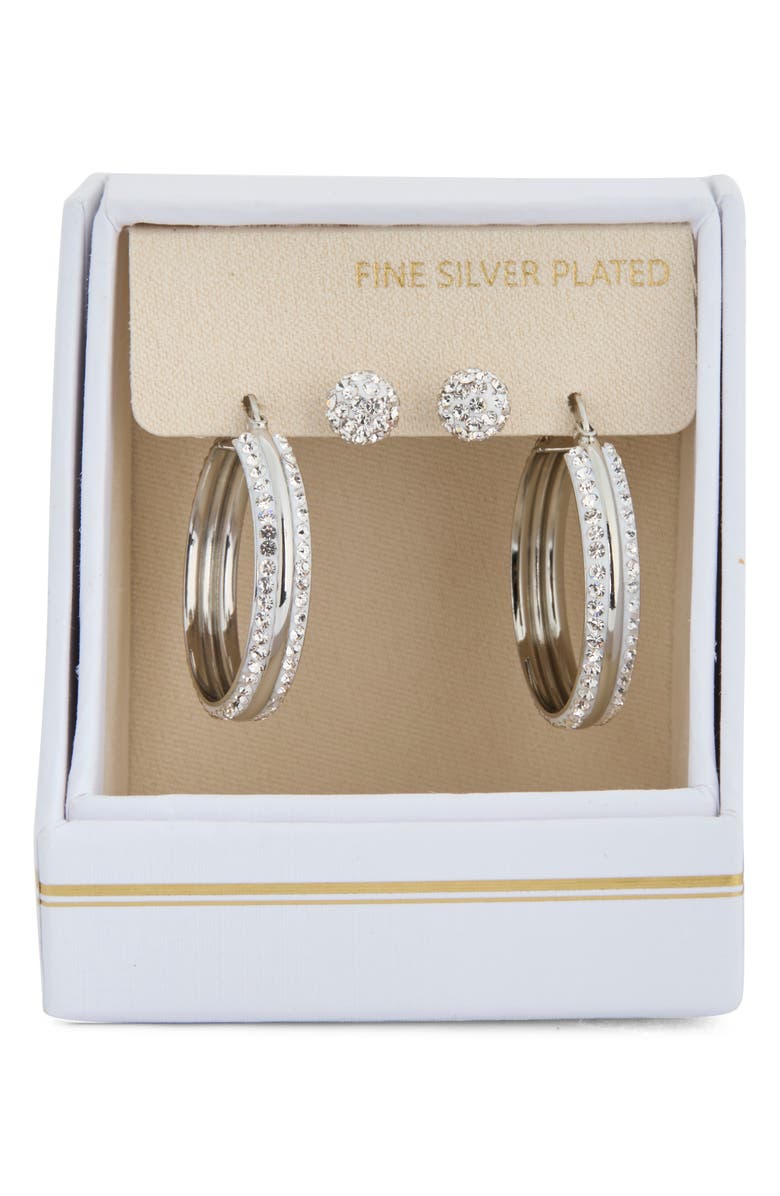 NORDSTROM RACK Set of 2 Cubic Zirconia Ball & Huggie Hoop Earrings, Main, color, Clear- Silver