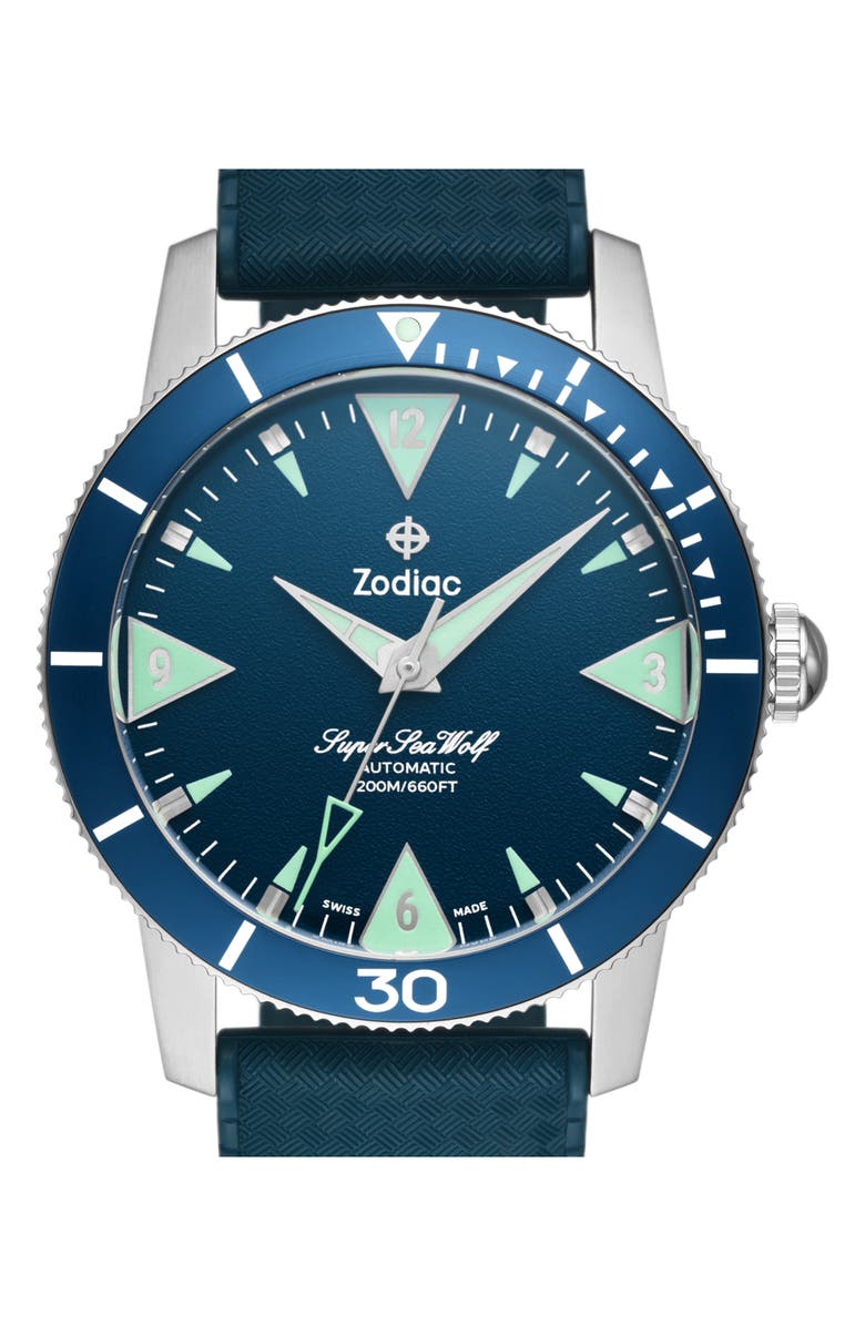 Zodiac Skin Diver Automatic Rubber Strap Watch, 39mm, Alternate, color, Blue