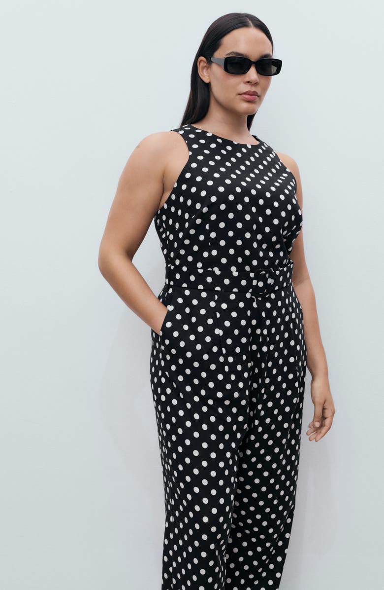 MANGO Sleeveless Polka Dot Linen Blend Jumpsuit, Alternate, color, Black