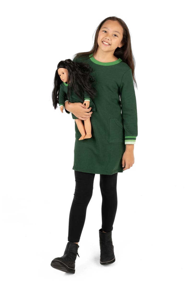 Girls Sweatshirt Dress with Matching Doll Dress, Main, color, GREEN