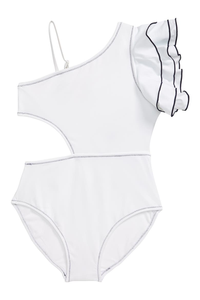 Habitual Ruffle One-Shoulder Swimsuit, Main, color, WHITE