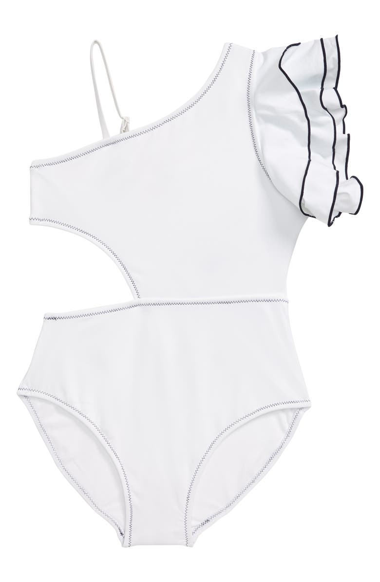 Habitual Girl Habitual Ruffle One-Shoulder Swimsuit, Main, color, 