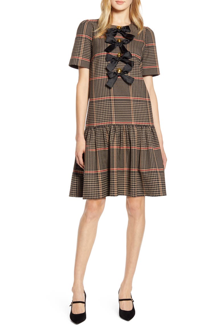 x Atlantic-Pacific Bow Detail Plaid Dress (Nordstrom Exclusive), Main, color, TAN- BLACK LONDON PLAID