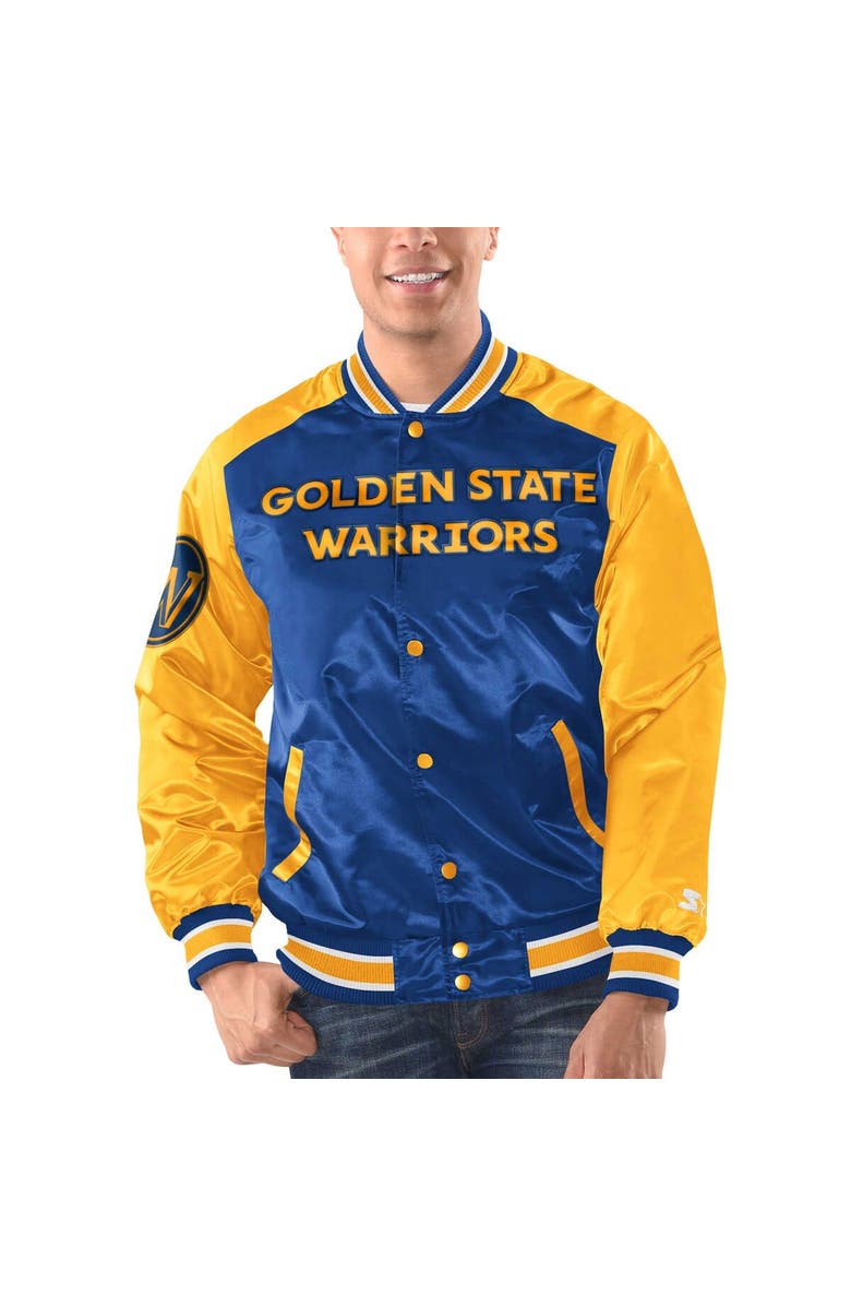 STARTER Men's Starter Royal/Gold Golden State Warriors Renegade Satin Full-Snap Varsity Jacket, Alternate, color, Royal