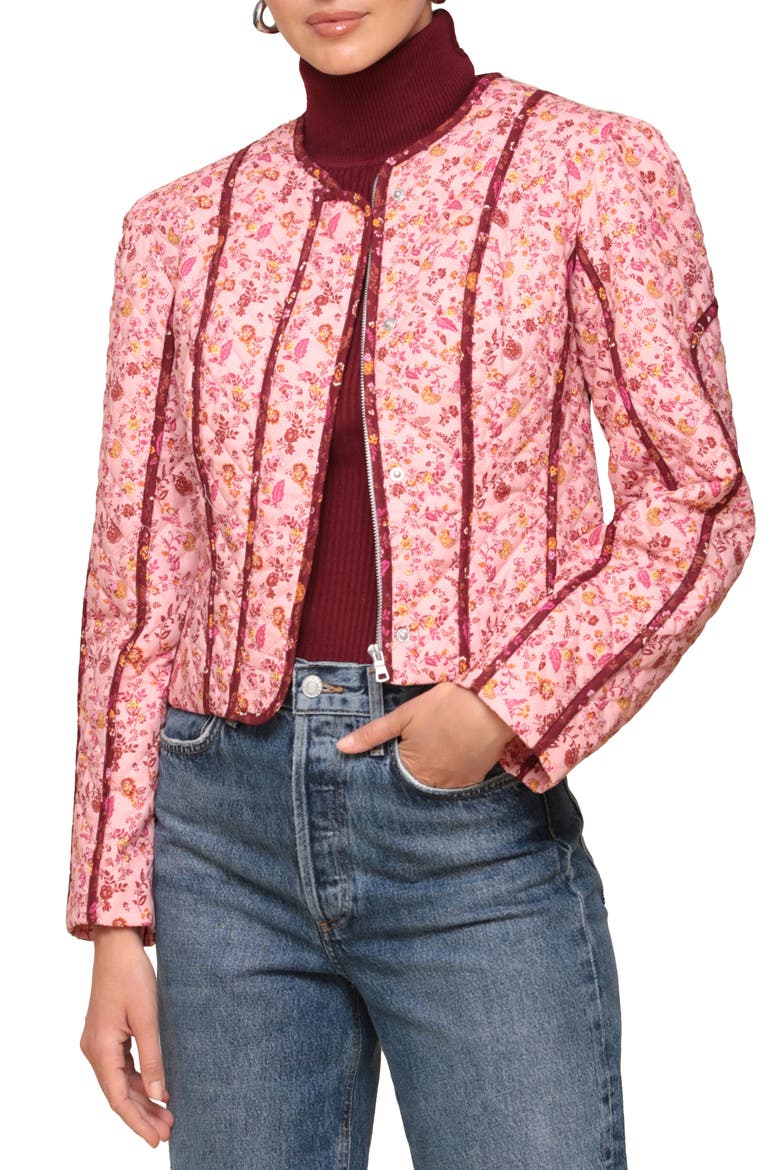 Floral Quilted Crop Jacket, Main, color, PINK BURGUNDRY FLORAL