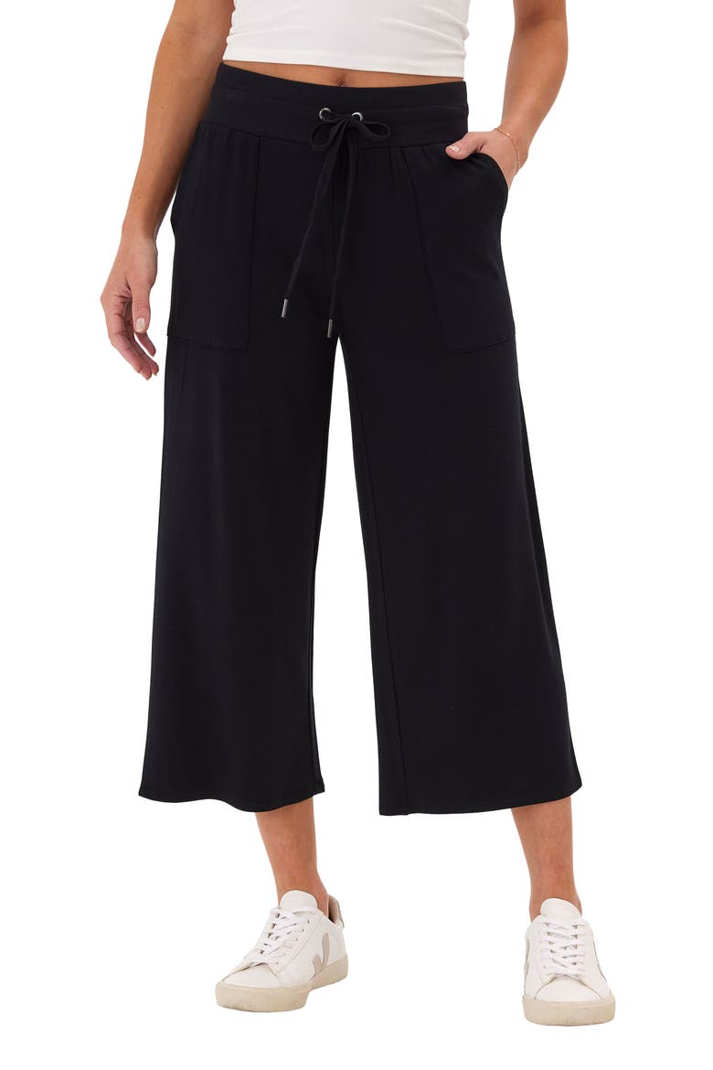 Carrie Feather Fleece Crop Wide Leg Sweatpants, Main, color, BLACK